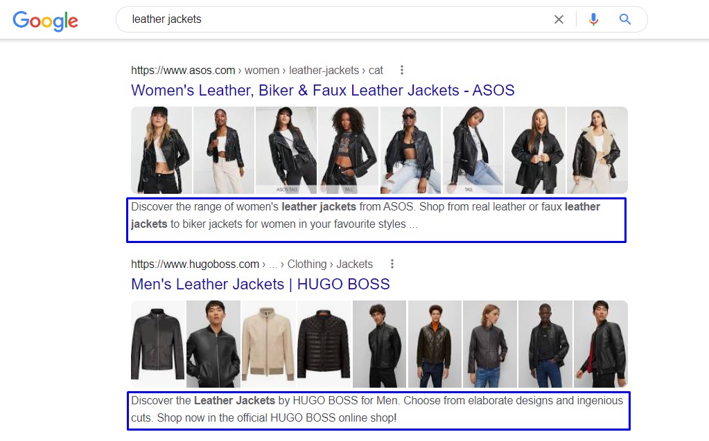 Meta description including "leather jackets" text