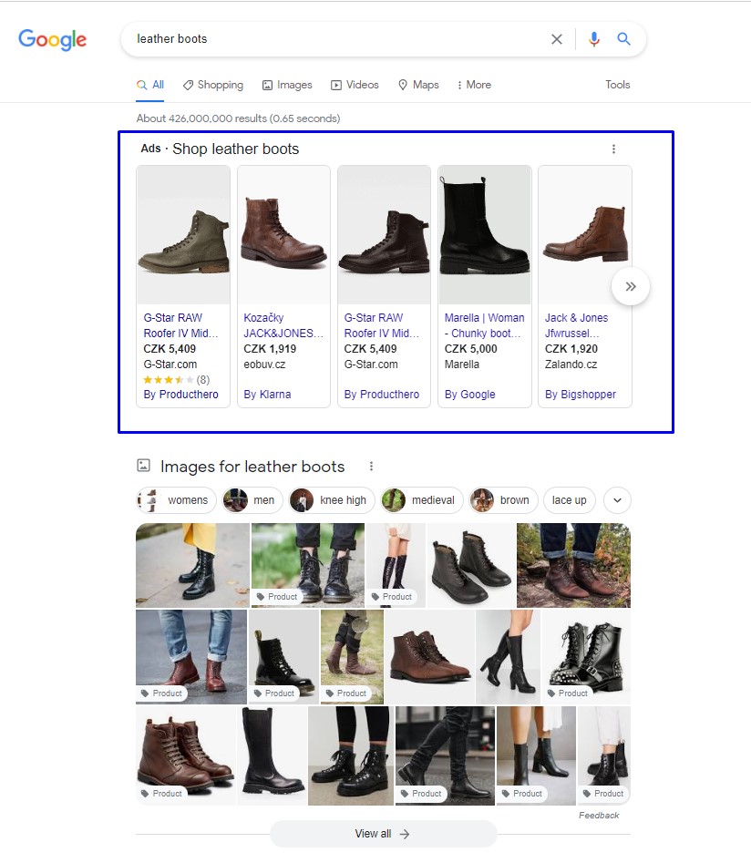 Google Ads search example (leather boots)