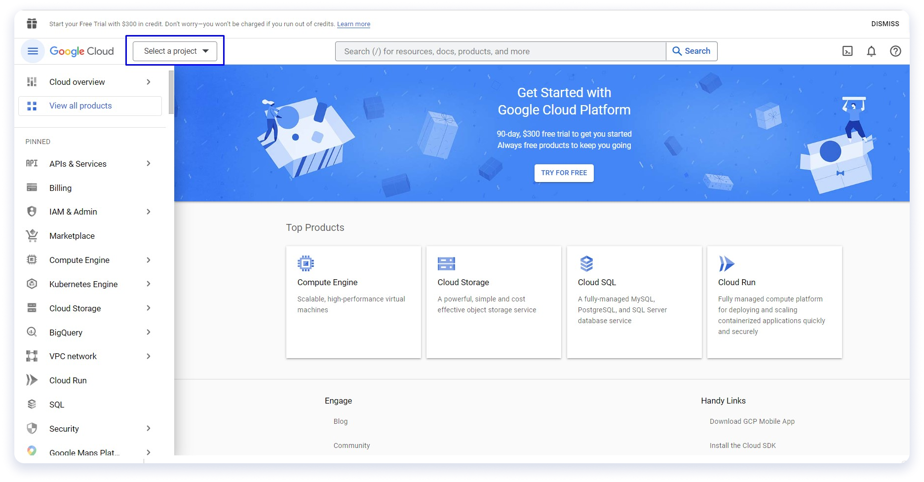 Select a project in Google Cloud Platform Console