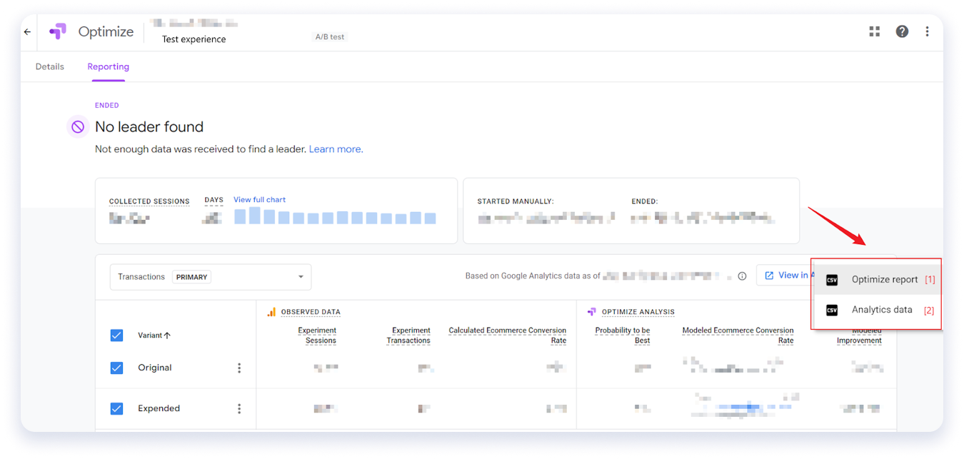 Download options in Google Optimize