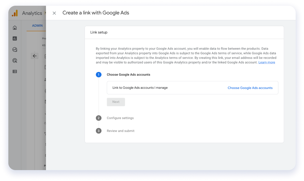 Choosing the Google Ads account in GA4