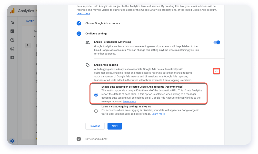 Enable auto-tagging on selected Google Ads accounts