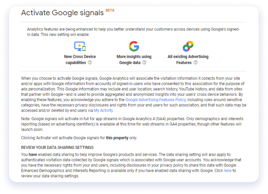 Confirm activating Google Signals in GA4