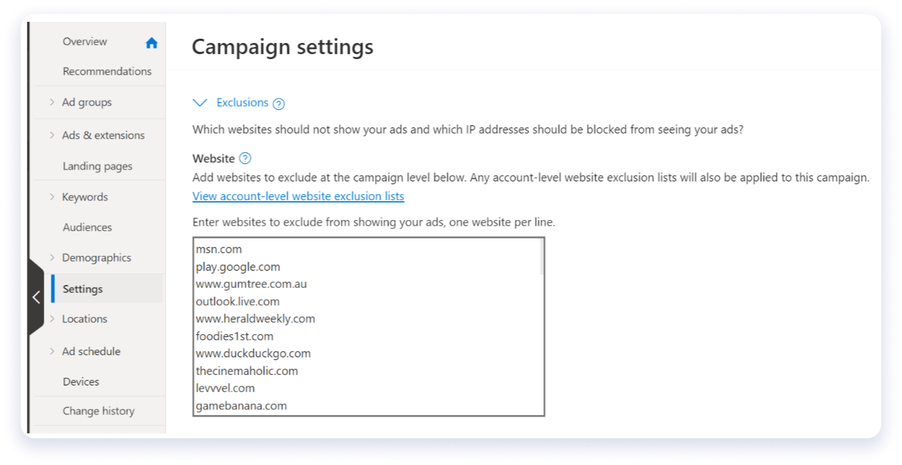 Bing campaign settings